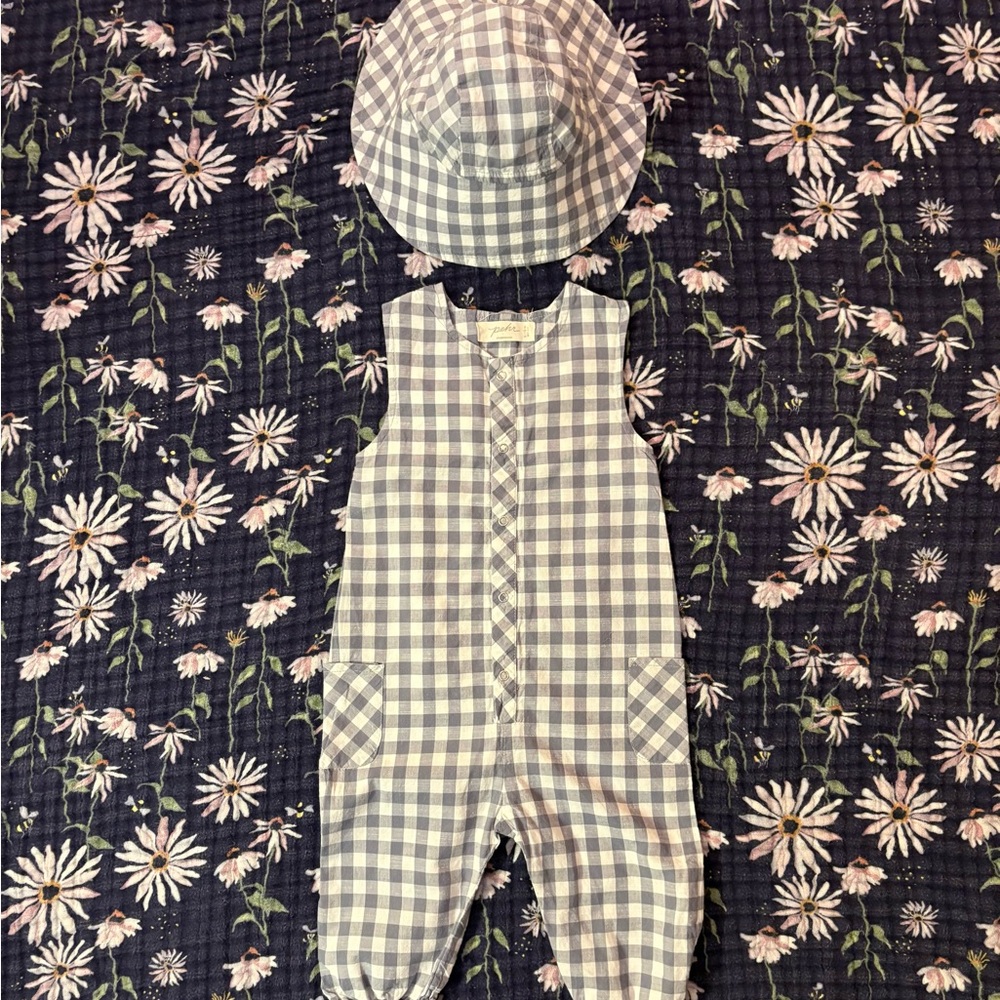 Pehr light blue Checkered Baby Romper with Hat